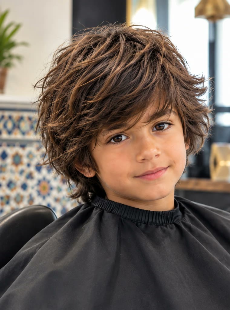 Kind met halflang haar met laagjes in de kappersstoel